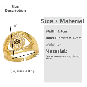 Detail showing dimensions and 1.5cm width of golden evil eye ring with cubic zirconia