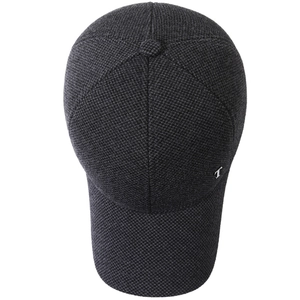 Men's winter wool blend baseball cap with ear protection in charcoal gray and metal detail