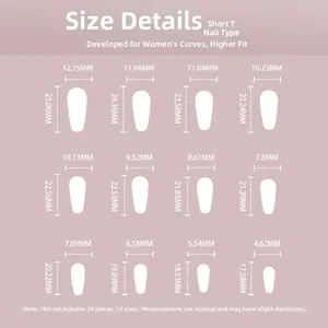 Detailed size chart for Short Coffin press-on nails showing 24 pieces in 12 sizes