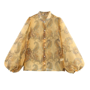 Vintage Paisley Chiffon Blouse Sheer Lantern Long Sleeve Retro Yellow Shirt For Women