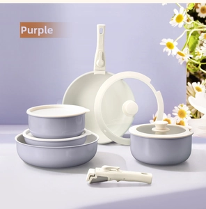 Detail of purple non-stick cookware set featuring detachable handle and ceramic coating