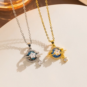 Dreamy Planet Pendant Necklace Stainless Steel With Blue Artificial Stone Rhinestone For Women Trendy Geometric Jewelry