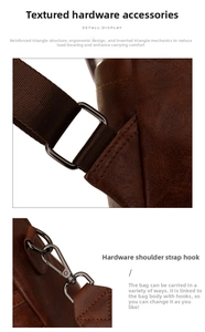 Detail of dark gunmetal hardware and reinforced stitching on brown leather backpack