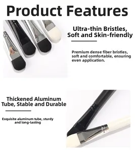 Detail of soft synthetic fiber bristles and thickened aluminum ferrule on cosmetic brush