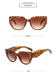Detail view of square leopard print sunglasses with brown gradient lenses from two angles