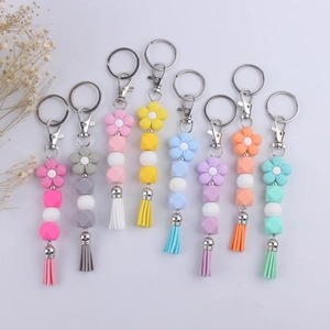 Silicone Flower Beaded Keychain With Tassel Colorful Geometric Beads Bag Pendant For Women Fashion Handmade Key Ring