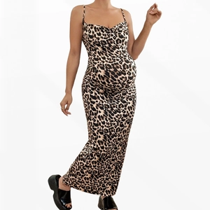 Leopard print sleeveless maternity maxi dress with thin straps and open back design