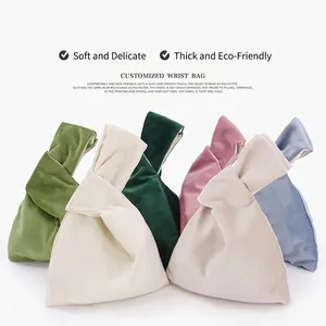 Velvet Japanese Knot Bag Wrist Handbag Soft Plush Mini Storage Pouch For Small Items Gifts Solid Color Elegant