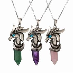 Dragon Head Pendant Necklace Retro Natural Stone Hexagonal Crystal Column Alloy Copper Gothic Fantasy Jewelry Unisex