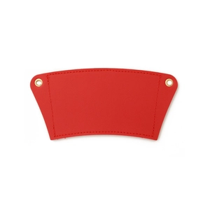 Close-up of red PU leather coffee cup sleeve with precise stitching and gold metal eyelets