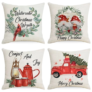 Set of four watercolor Christmas pillow covers with festive wreaths and gnomes