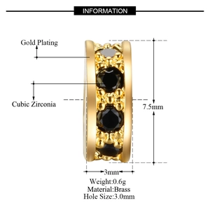 3mm Gold plated brass rondelle spacer beads with black cubic zirconia for DIY jewelry