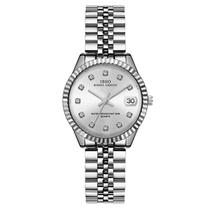 Classic silver stainless steel watch for women featuring diamond indices and date window
