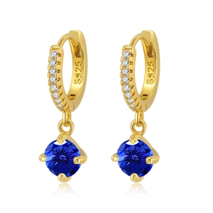 S925 silver gold-plated hoop earrings with round blue gemstone and white zircon accents