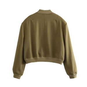 Back view of a casual olive green cropped bomber jacket with ribbed collar and hem