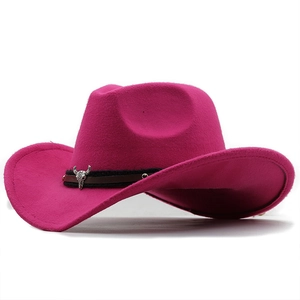 Chapeau de cowboy rose en feutre de laine avec boucle de taureau argentée pour adultes
