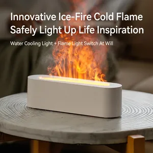 White 3D flame diffuser on marble table with warm ambient lighting and colorful mist