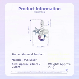 Detailed view of S925 sterling silver mermaid pendant with starfish and pearl accents
