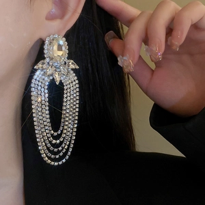 Close-up of sparkling rhinestone tassel earrings worn by a model in luxury style