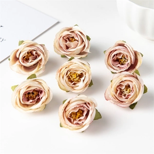 Pink-beige artificial European rose heads for DIY crafts and wedding decor