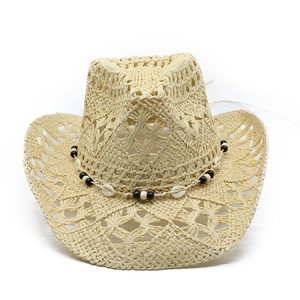 Hollow out straw cowboy hat with shell and bead accents for beach sun protection