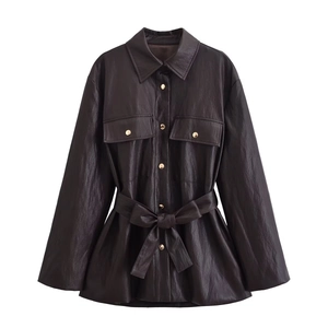 Women Faux Leather Jacket Belted PU Shirt Style Long Sleeve Button Up Lapel Fashion Outerwear Coat