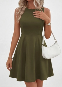 Detail of olive green sleeveless dress with smooth fabric texture and gold necklace