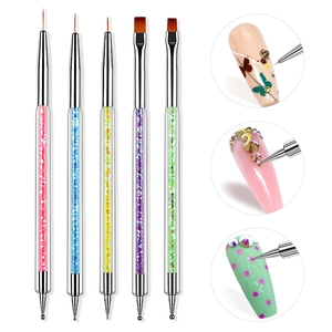 Set di 5 pennelli per nail art a doppia punta con manici glitterati per dettagli