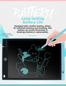 Detail view of the LCD writing tablet showing the replaceable button battery compartment