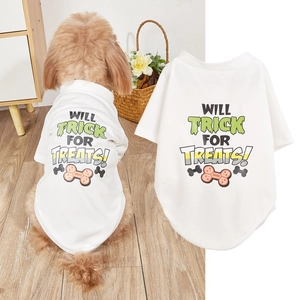 Close-up of breathable mesh dog t-shirt with 'Will Trick for Treats' print and bone graphic