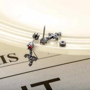 Snake winding cross earrings with red zircon in dark metal finish for a punk look