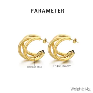 Three-layer gold hollow C-shape stainless steel earrings measuring 30x20x4mm and weighing 14g