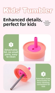 Detail view of pink and orange kids tumbler with detachable lid and long straw