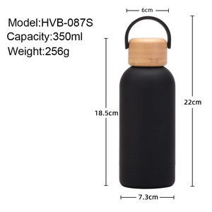 Black 350ml double-walled vacuum insulated water bottle with bamboo lid and handle