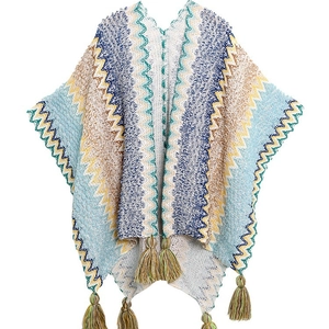 Ethnic knit shawl with colorful wave patterns and fringe trim for travel style