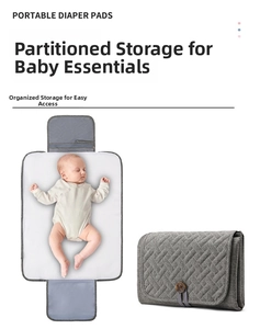 Portable gray quilted diaper changing mat with waterproof center and storage pockets