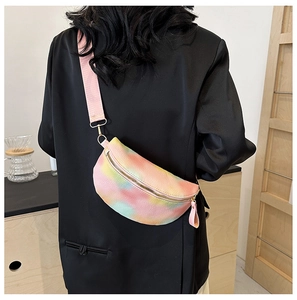 Back view of gradient pastel waist bag with pink wide strap and lychee leather texture