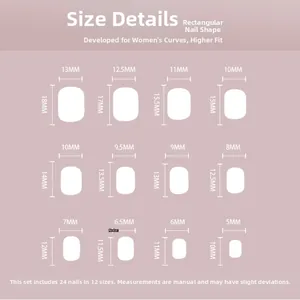 Size chart showing 24 pieces of purple French press-on nails in 12 various dimensions