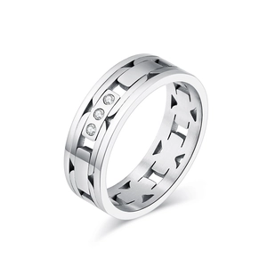 Minimalist stainless steel chain ring with H-shaped links and sparkling crystal accents