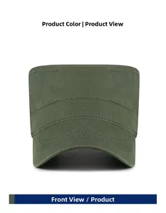 Front view of army green cotton flat top cadet hat with reinforced brim stitching
