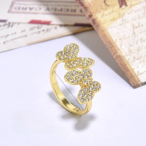 Macro view of 18K gold plated copper butterfly ring with zircon details and 17mm diameter
