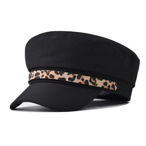 Women Leopard Print Cotton Military Hat Autumn Winter Flat Top Peaked Cap British Style Newsboy Beret With Chain