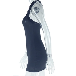 Detail of black off-shoulder bodycon mini dress with elegant ruffle trim and backless cut