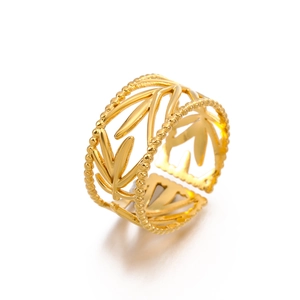 Elegant 18K gold plated stainless steel leaf ring with beaded edges and open design