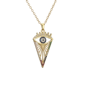 Golden teardrop evil eye necklace with colorful cubic zirconia on white background