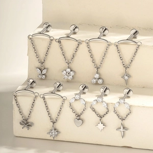 G23 titanium labret studs with bowknot chains and zircon charms for ear piercing