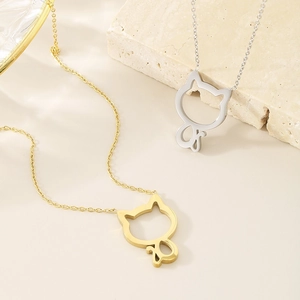 Gold and silver stainless steel clavicle necklaces with hollow cat shaped pendants