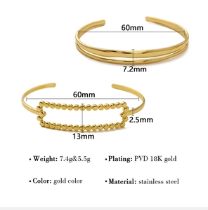 Detail view of 18K gold plated stainless steel bangles with 60mm diameter specifications