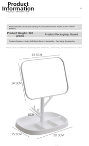 Detailed dimensions of white swivel makeup mirror with jewelry storage base and stand