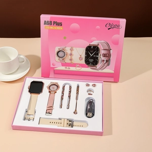 8-in-1 luxury women's smartwatch gift set with jewelry in premium pink display box